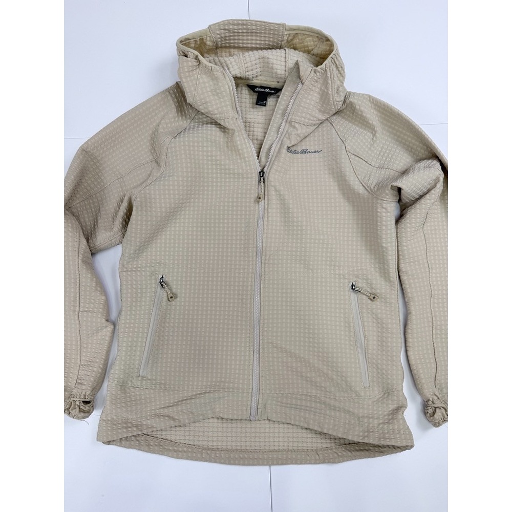 Eddie Bauer Hooded Performance Jacket Womens Medium Full Zip Beige Stretch Mesh